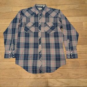 Vintage Men's Sheplers Blue Plaid Long Sleeve Pearl Snap Shirt Size Large